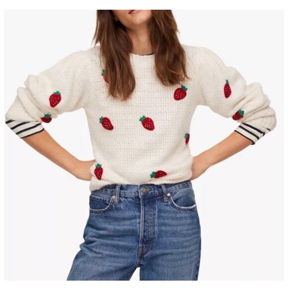 MNG Mango Sweater Appliqué Strawberry Size Small Cream Knit Puff Sleeve Acrylic - Picture 9 of 9